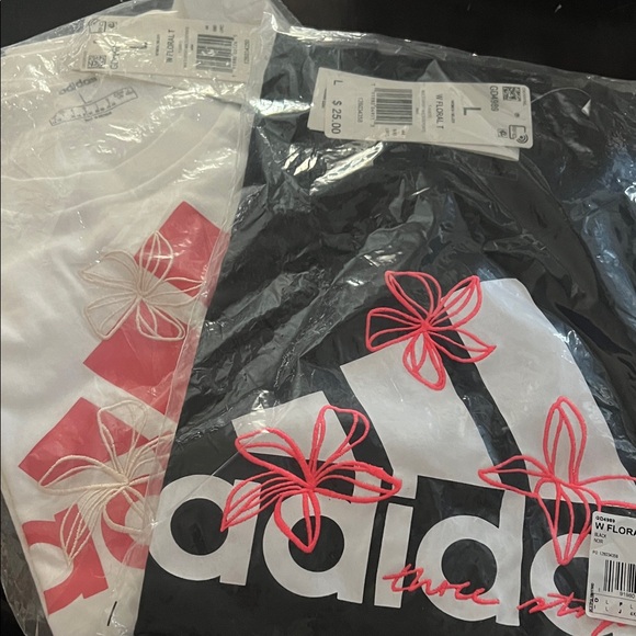 Adidas Black and White T-Shirts with Red Floral Accents - Picture 1 of 4